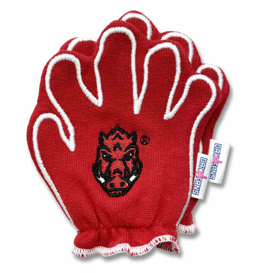 Arkansas Wooo Pig FanMitts Baby Mittens Cardinal Red Back Pair Stacked