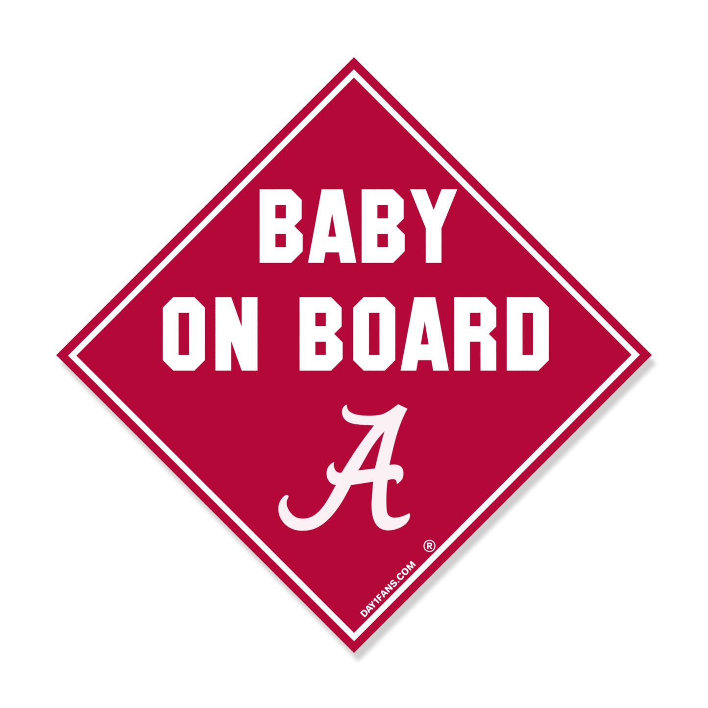 Red diamond-shaped 'Baby on Board' sign with a white Alabama logo on a white background