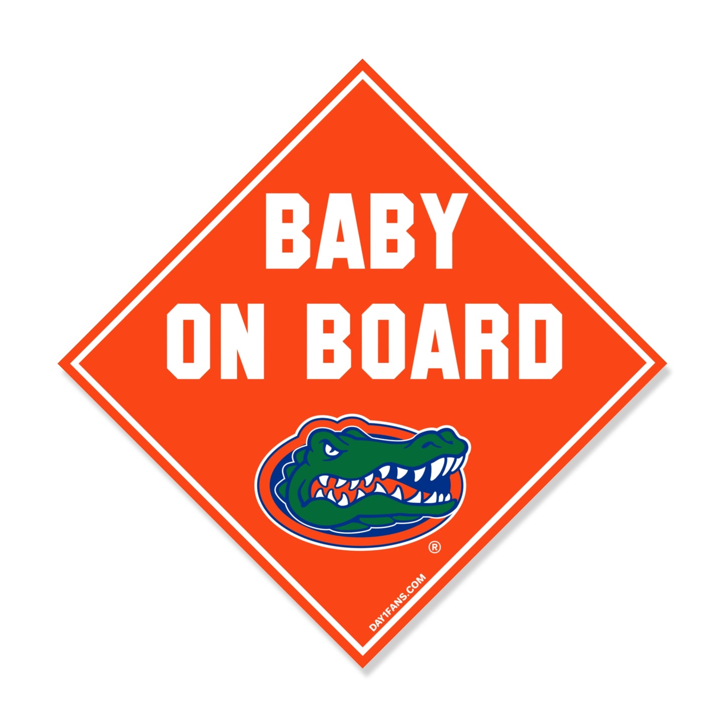 Orange 'Baby on Board' sign with a gator logo on a white background