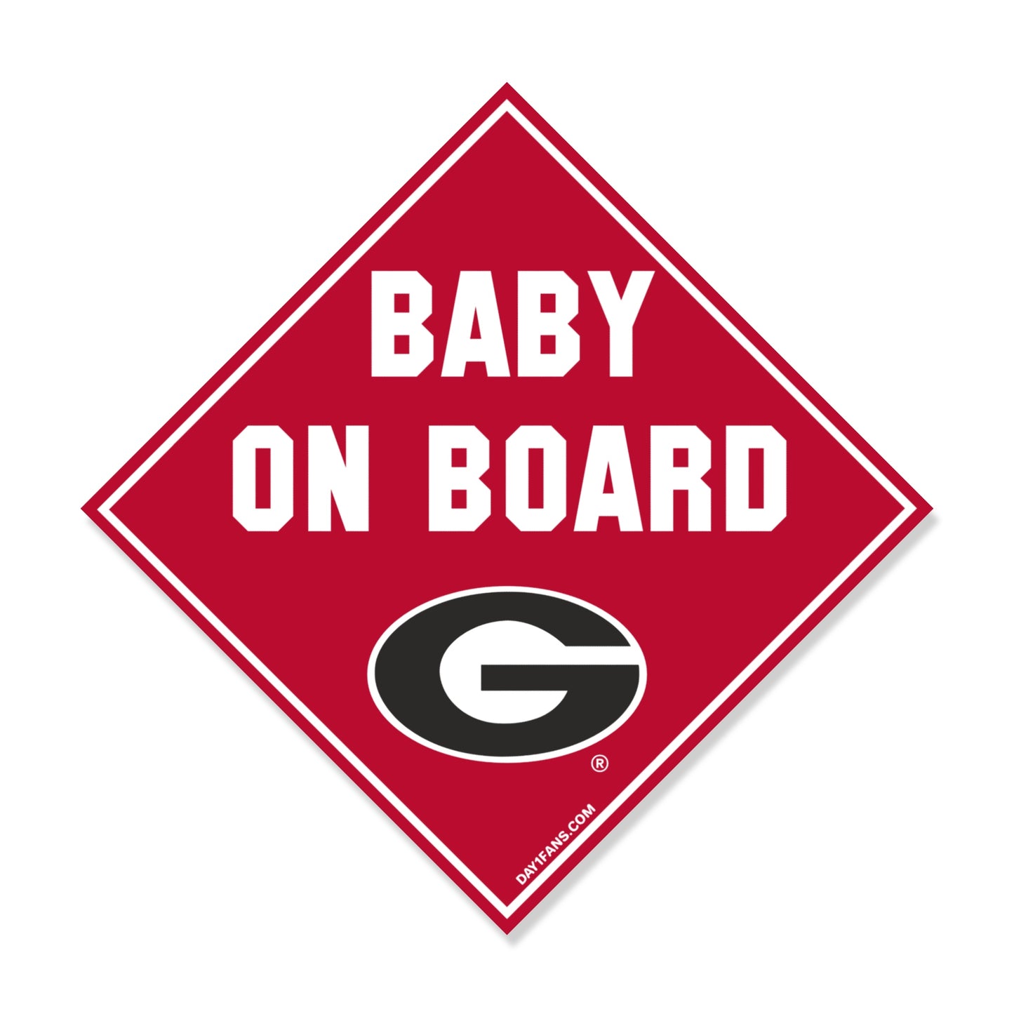 Red diamond-shaped 'Baby on Board' sign with the Georgia bulldog G on a white background