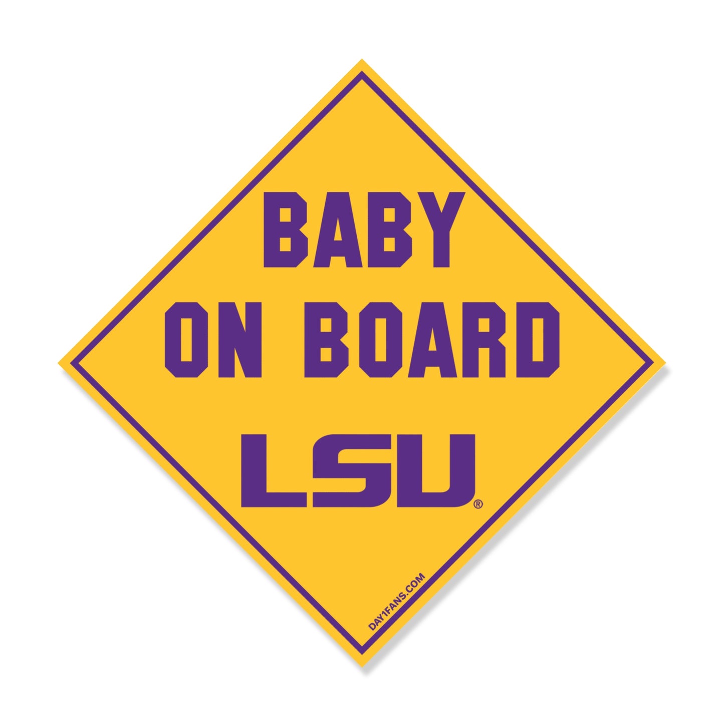 Yellow and purple 'Baby on Board LSU' sign