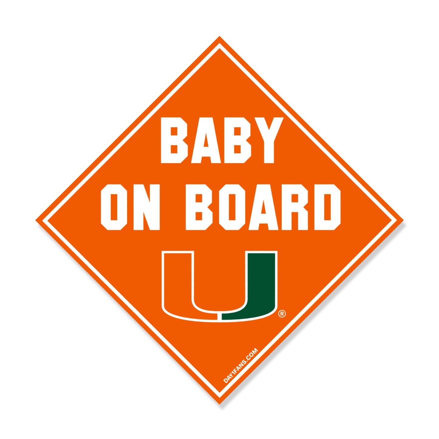 Orange 'Baby on Board' sign with the Miami Hurricanes U logo on a white background
