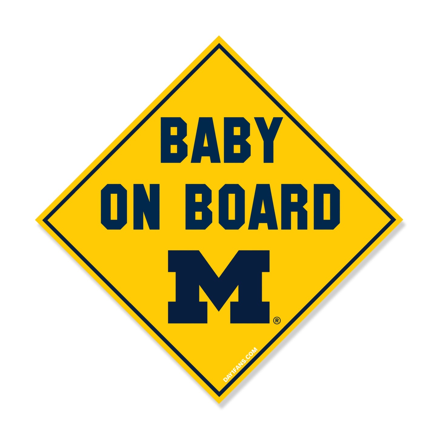 Yellow 'Baby on Board' sign with a blue 'M' logo on a white background