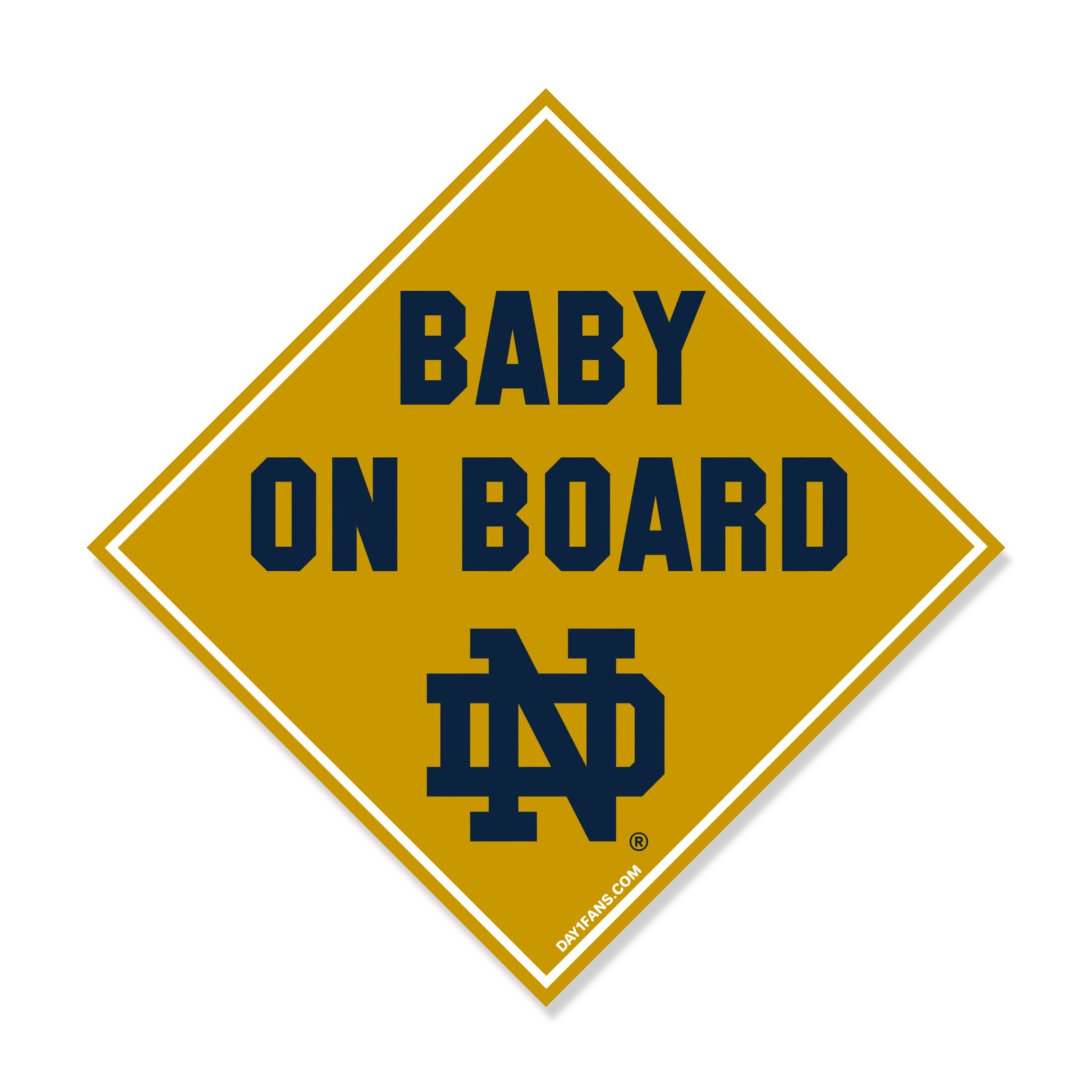 Yellow 'Baby on Board' sign with Notre Dame logo