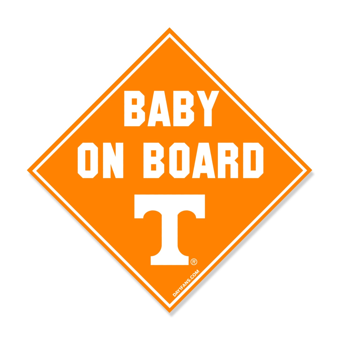 Orange diamond-shaped 'Baby on Board' sign with a white Tennessee Volunteers logo on a white background