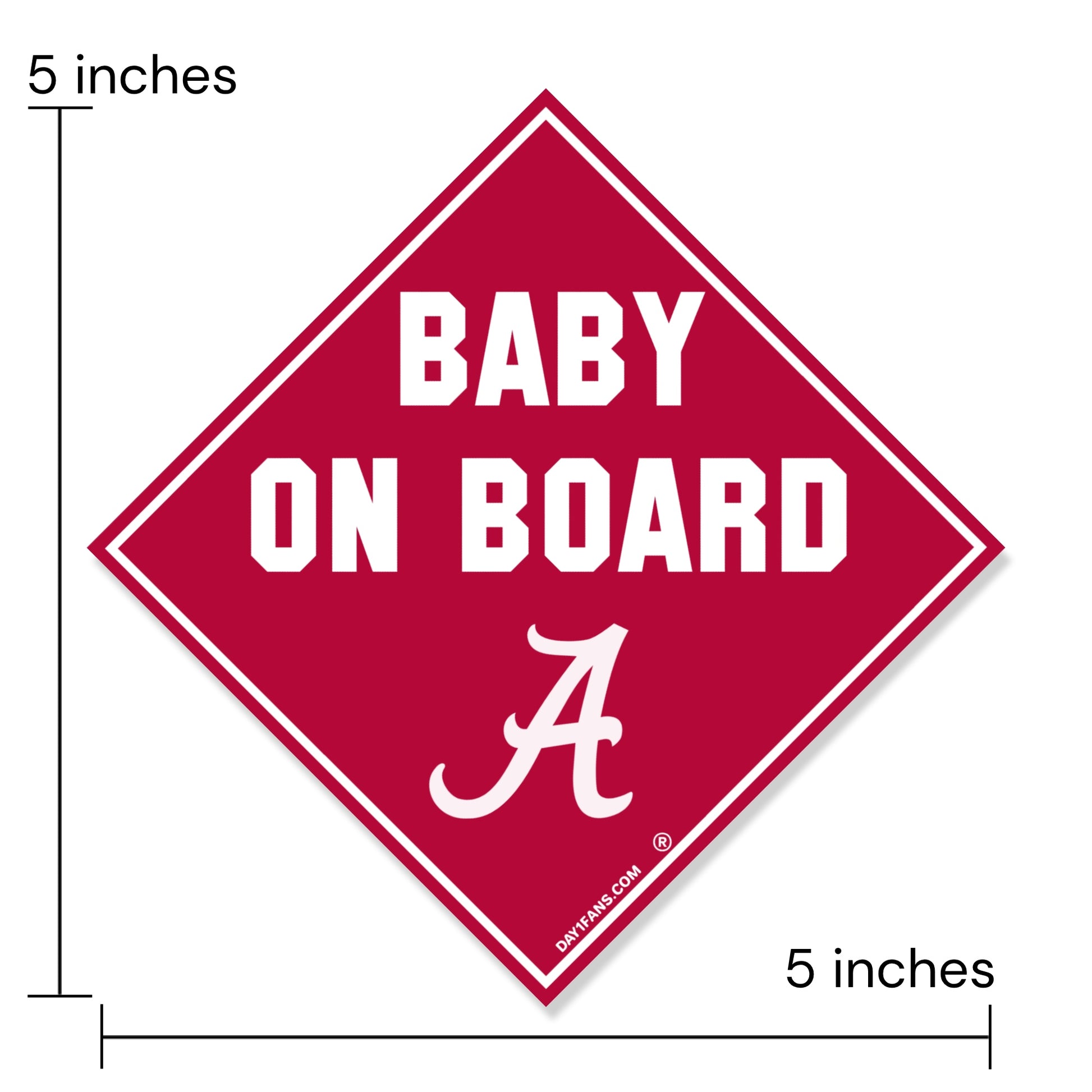 Red 'Baby on Board' sign with Alabama logo and dimensions