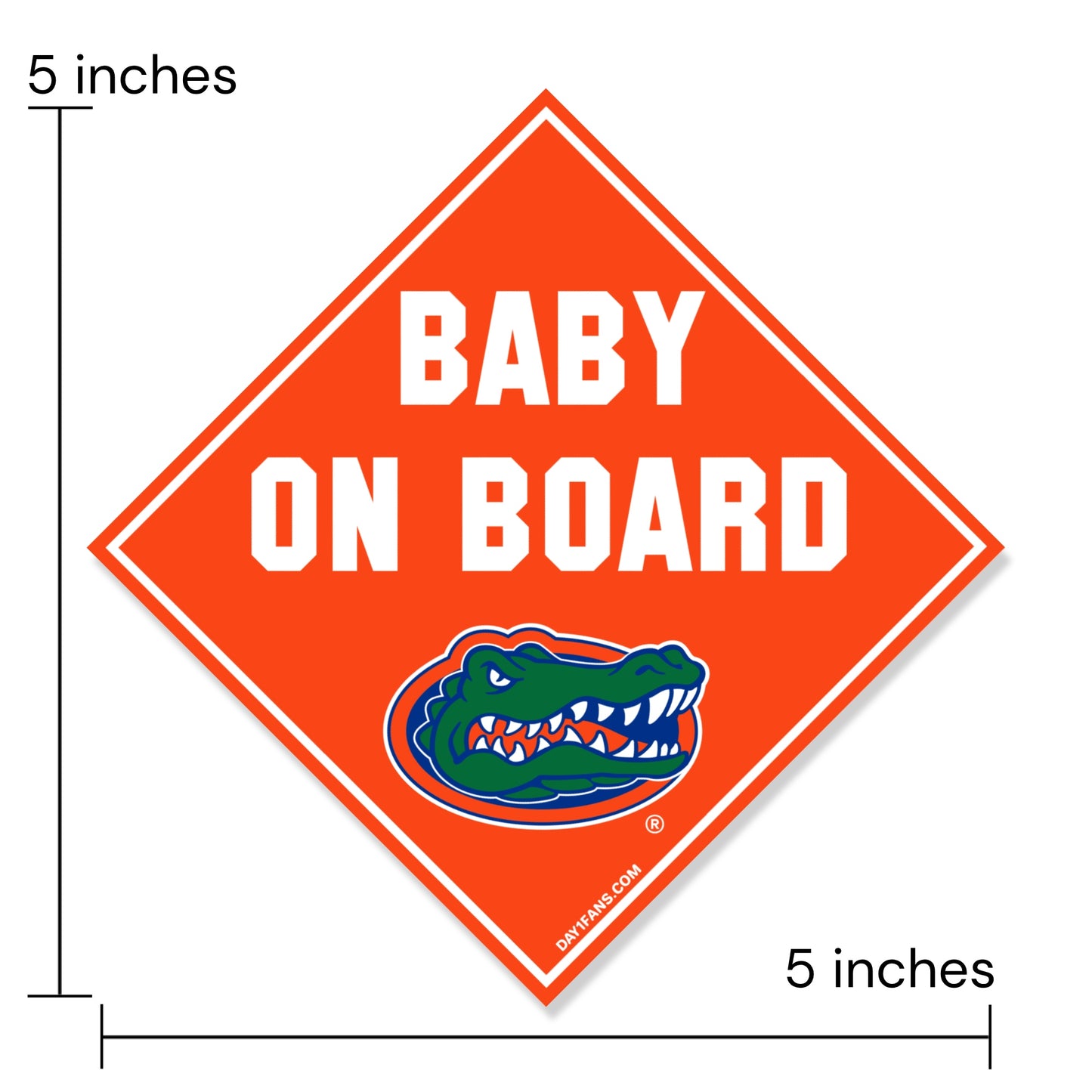 Orange 'Baby on Board' sign with a gator logo, dimensions indicated.