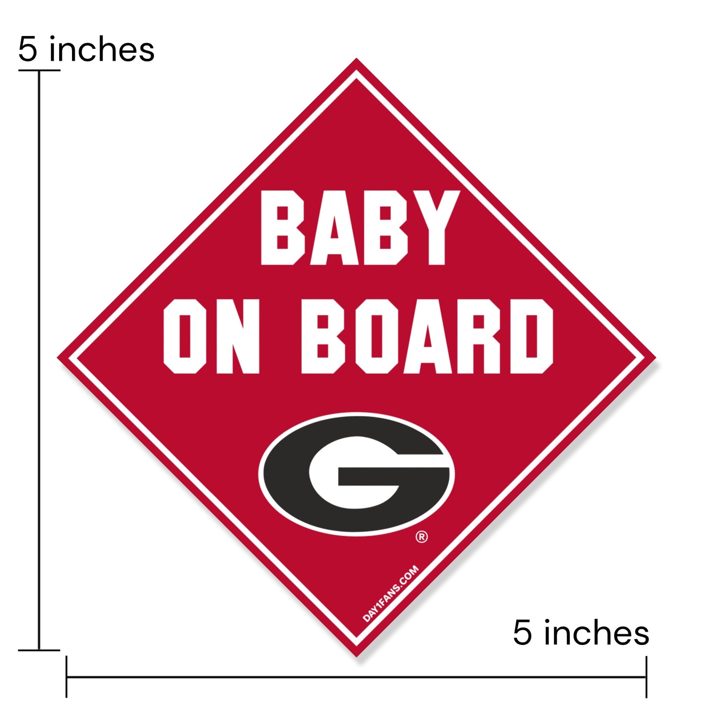 Red diamond-shaped 'Baby on Board' sign with Georgia Bulldog G and dimensions indicated.