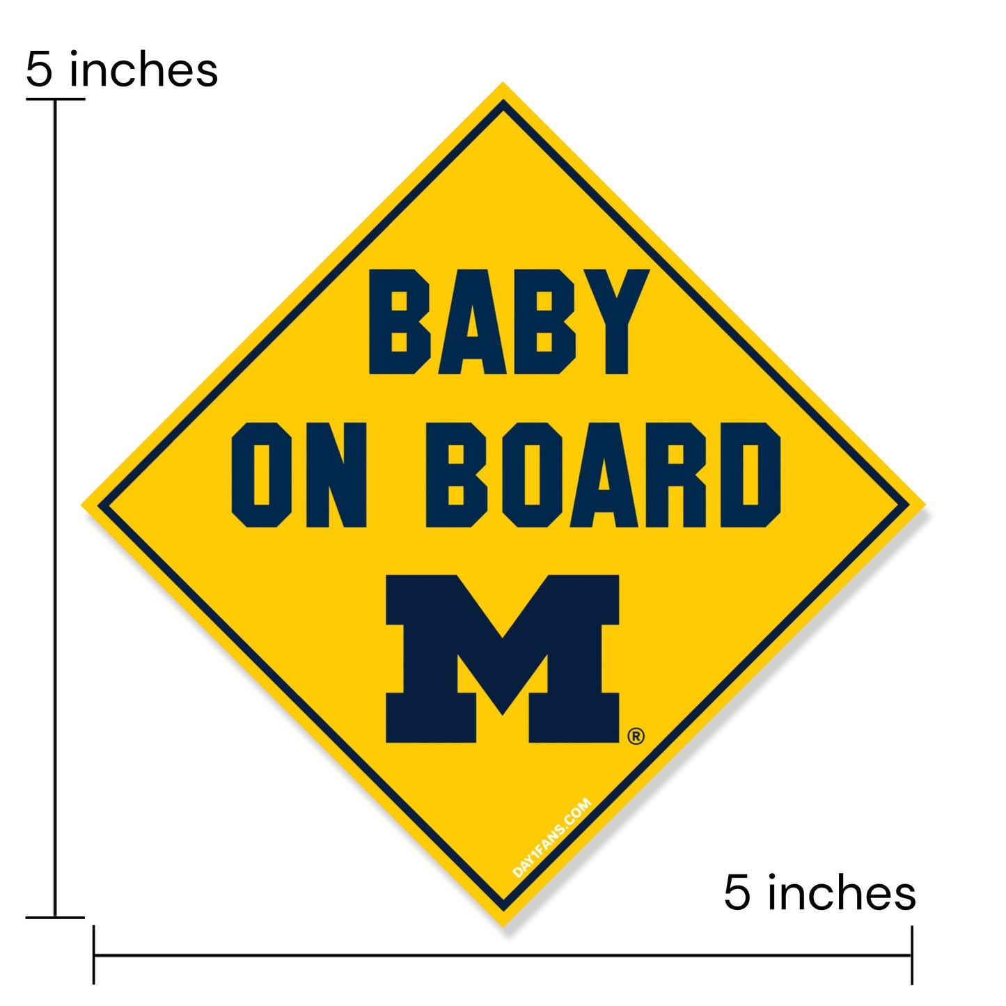 Yellow 'Baby on Board' sign with blue text and a letter 'M', showing dimensions.
