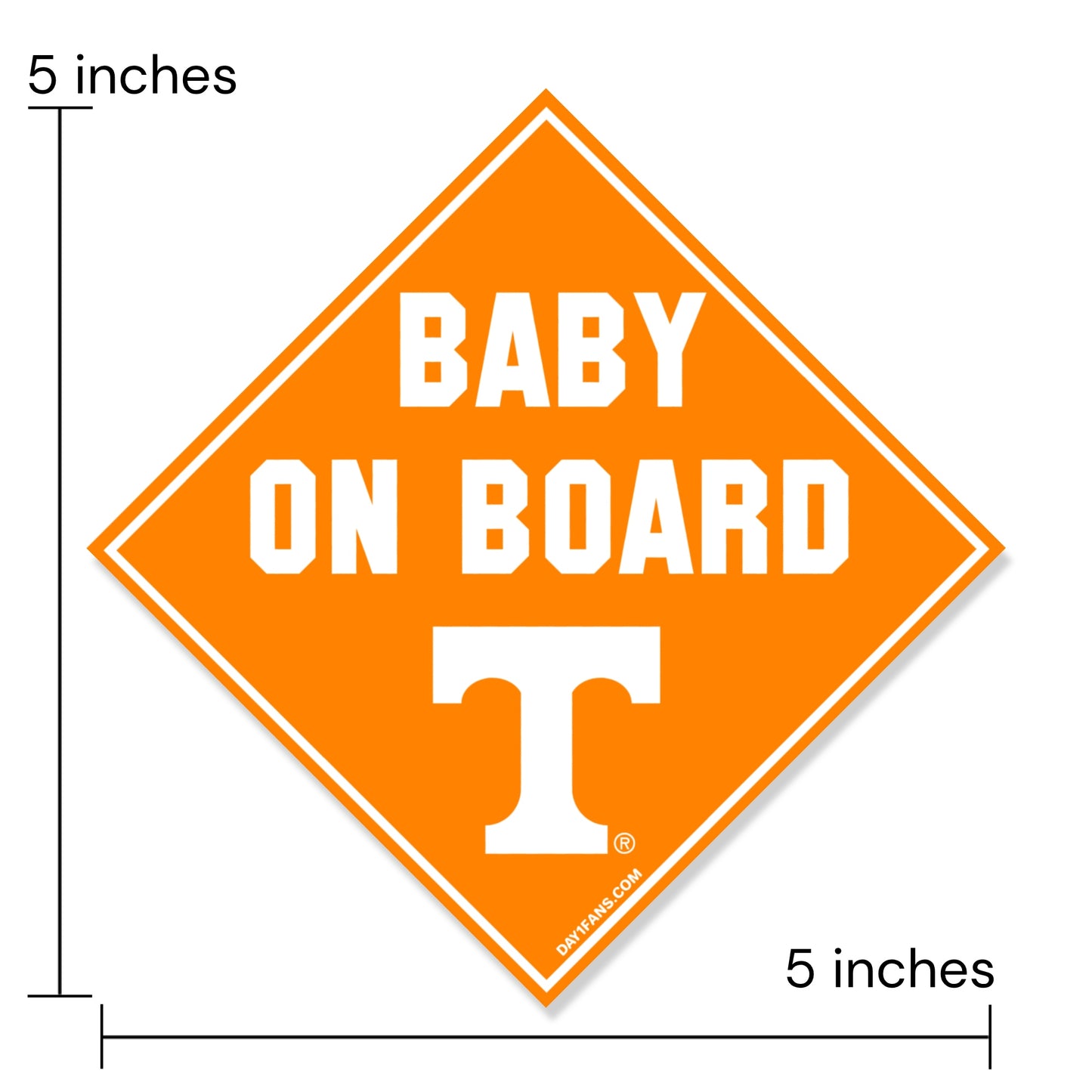 Orange 'Baby on Board' sign with a white Tennessee Volunteers logo and measurements on a white background