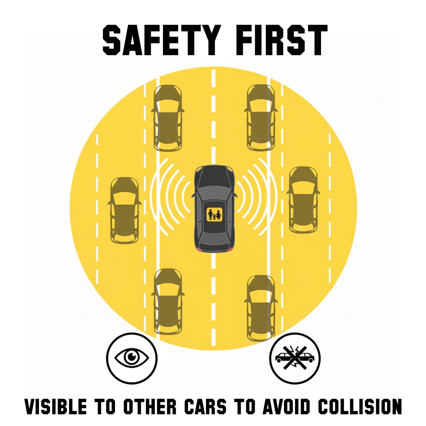 Illustration of a car with safety features on a yellow background, emphasizing safety and collision avoidance.