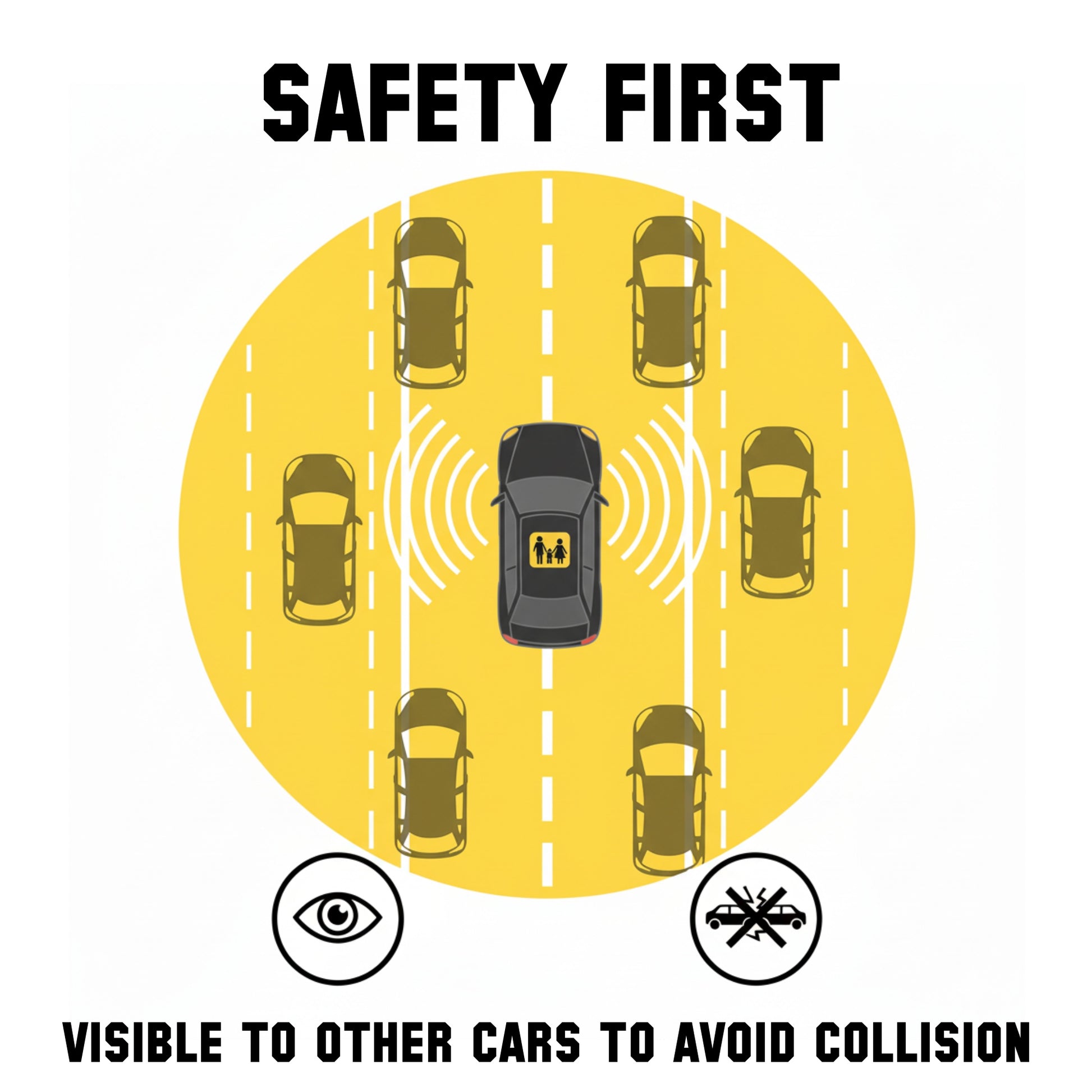 Illustration of a car with safety features on a yellow background, emphasizing safety and collision avoidance.