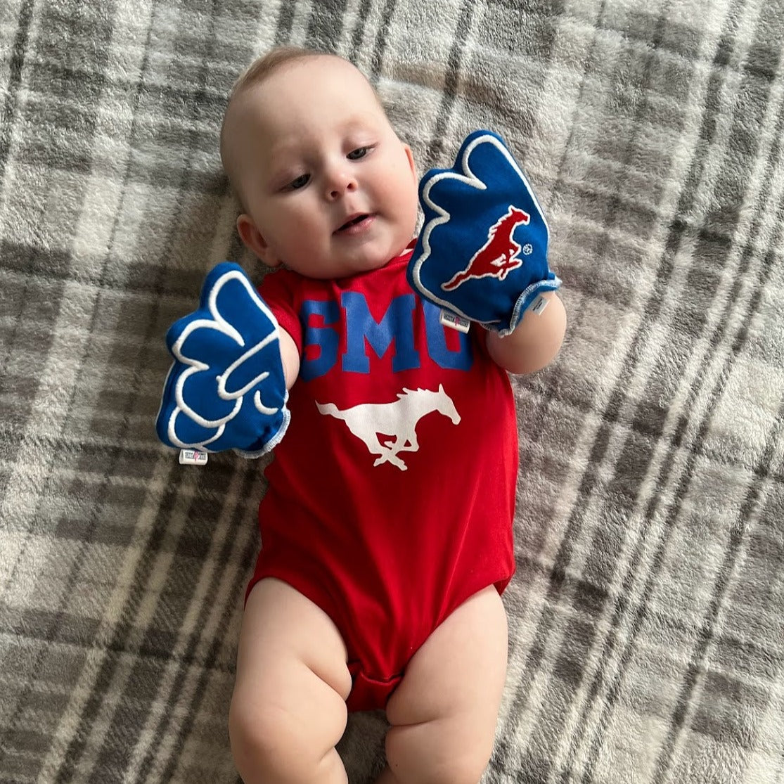 Infant wearing SMU Go Mustangs baby mittens in blue
