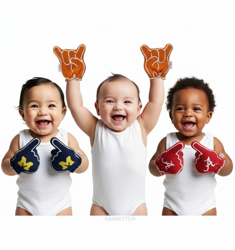 a baby wearing Day1Fans.com UT Hook Em Horns baby mittens