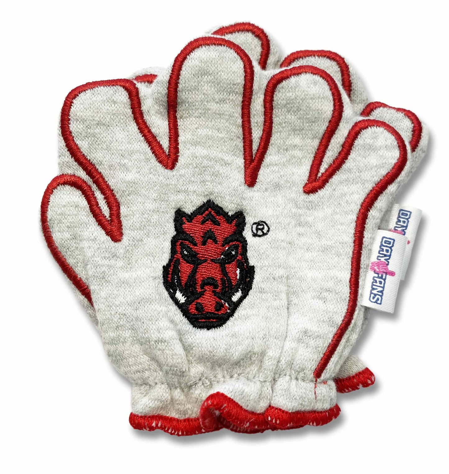 Arkansas Wooo Pig FanMitts Baby Mittens Heathered Gray Back Pair Stacked