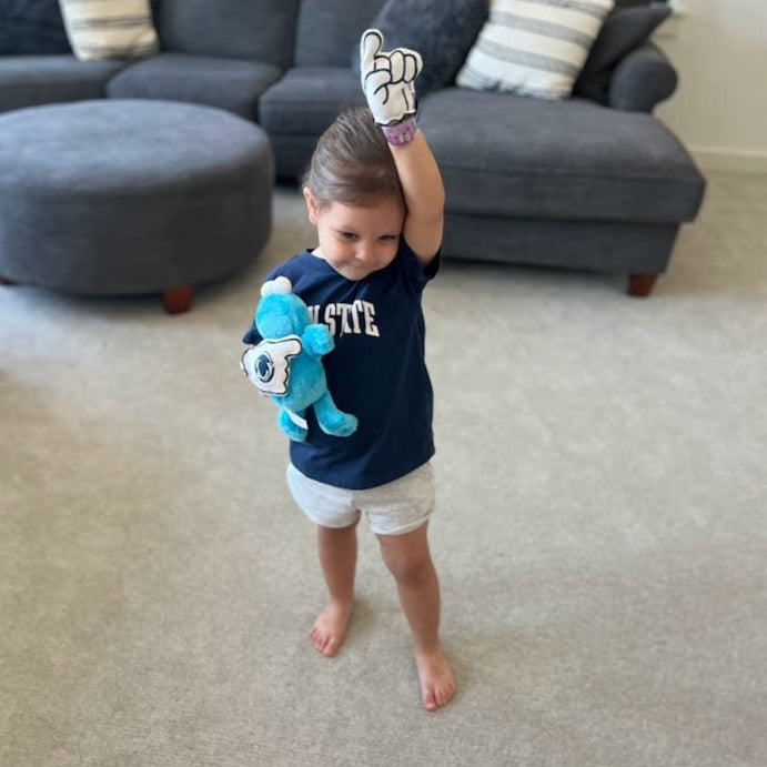 Infant wearing Penn State We Are baby mittens in white