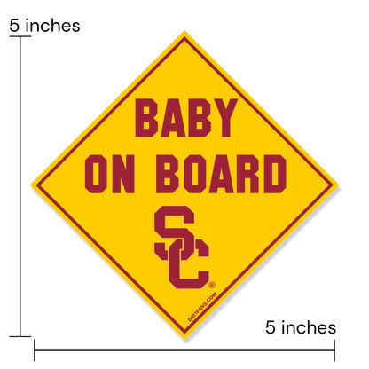 Yellow 'Baby on Board' sign with USC logo and dimensions indicated.
