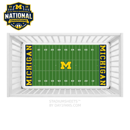 Michigan-themed crib sheet with football field design on a white background NCAA Basketball Champs