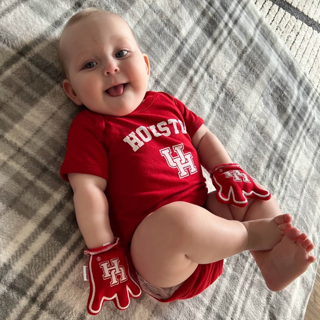 Infant wearing Houston Go Coogs baby mittens in red