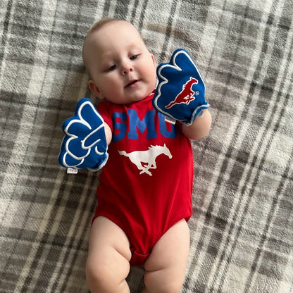 Infant wearing SMU Go Mustangs baby mittens in blue